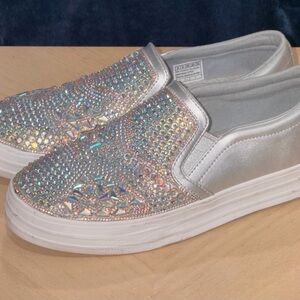 Silver Slip-On Sneakers with Bling Sparkly Rhinestones
